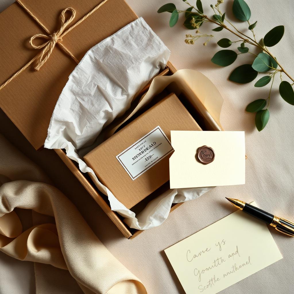 A box of Chrystals shortbread being wrapped in cream tissue with a hand-written card