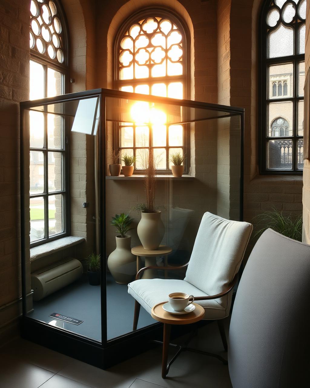 A glass work pod inside a historic St Andrews stone building at golden hour